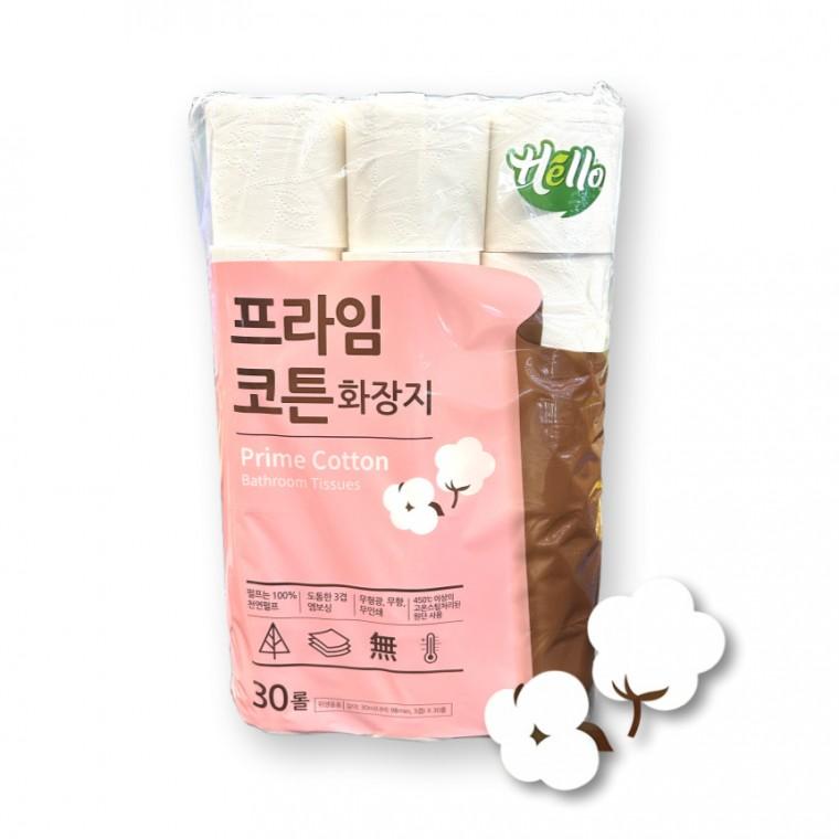 헬로 프라임코튼 화장지 30m X 30롤 펄프 3겹 무형광 무향 무인쇄 휴지