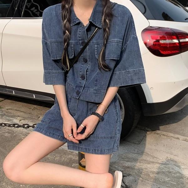 여성 반팔 데님 투피스 셋업 청바지 카라 투피스 코디 세트