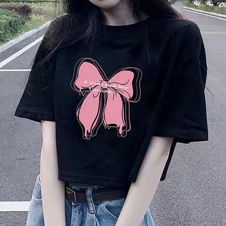 여자 리본 프린팅 세미 크롭 반팔티