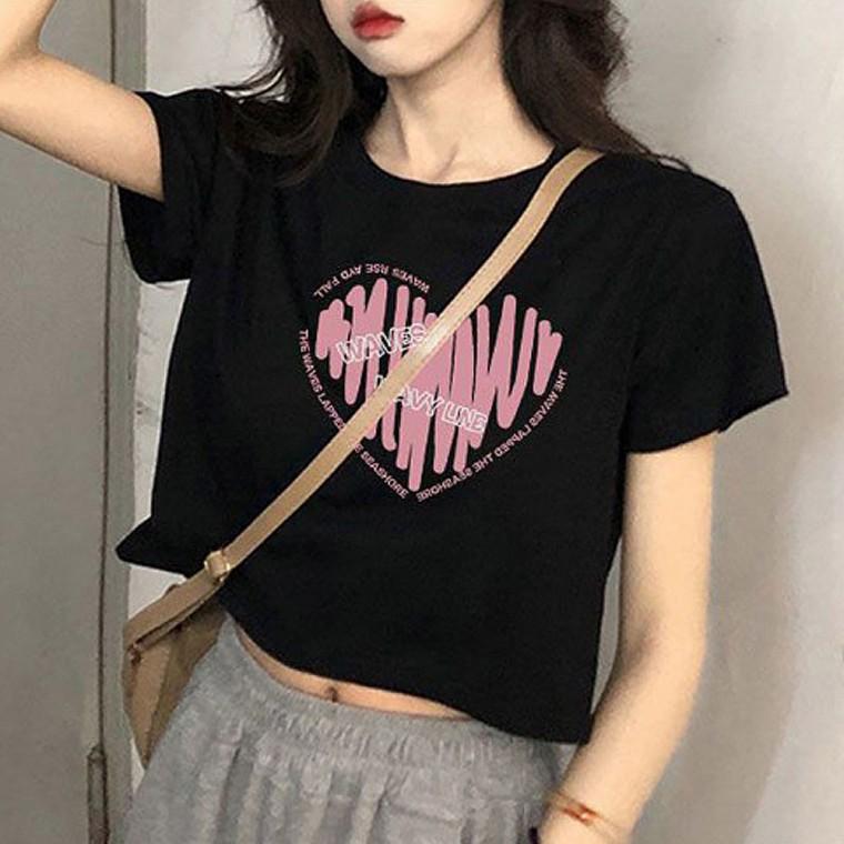 여자 하트 프린팅 크롭 반팔 티셔츠 캐주얼룩
