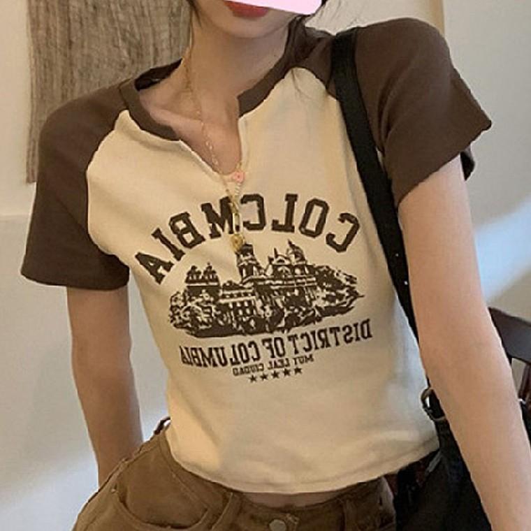 여자 배색 크롭 반팔 패션 티셔츠