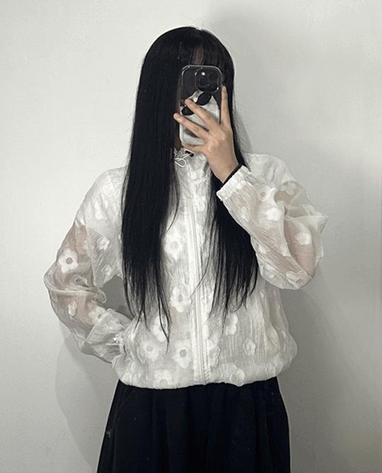 여성 시스루 플라워 여름 바람막이 자켓 살안타템 꽃 윈드브레이커 장마룩 루즈핏 점퍼 스트링 집업 아우터