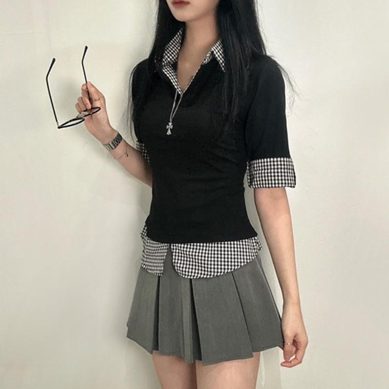 긱시크 룩 여성 체크 포인트 반팔 카라 셔츠 티 셔츠일체형 티셔츠 반팔티 롤업 레이어드 카라넥 브이넥