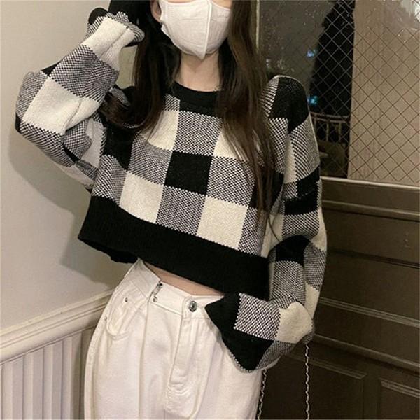 2컬러 체크패턴 크롭 라운드넥 여성 긴팔티셔츠 LK-K013