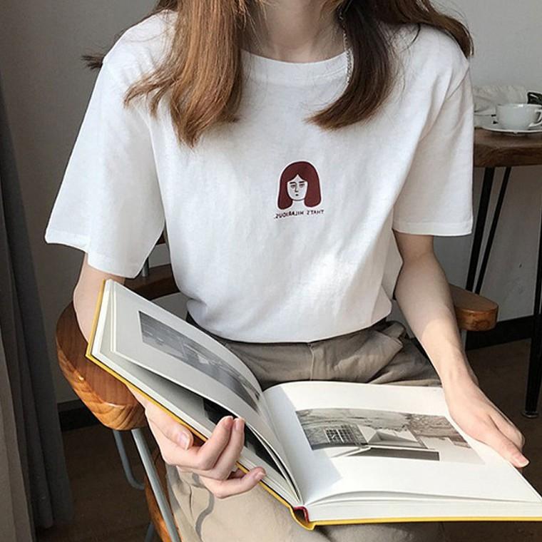 여자 캐주얼룩 박스 반팔 티셔츠