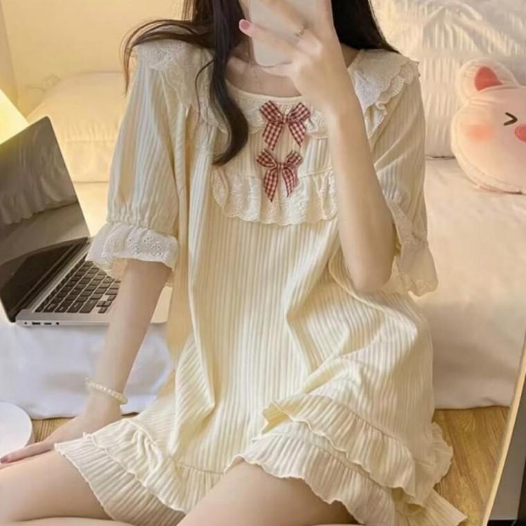프릴 리본 파자마 반팔 반바지 투피스 잠옷 홈웨어