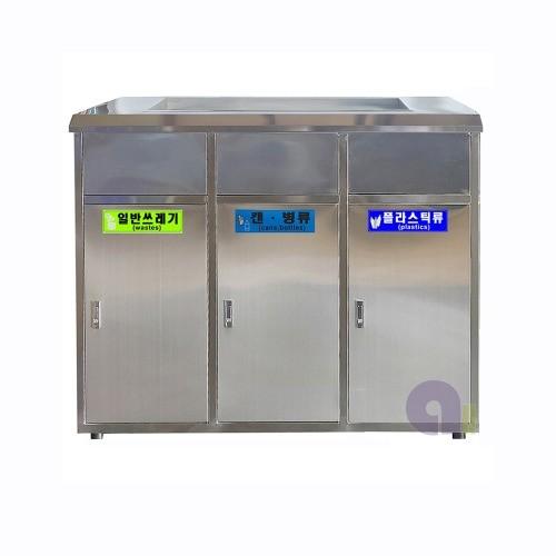 사각스텐휴지통/3칸형/100L/스텐내통/상단재떨이/상단모래함/실외휴지통/분리수거함/대형휴지통