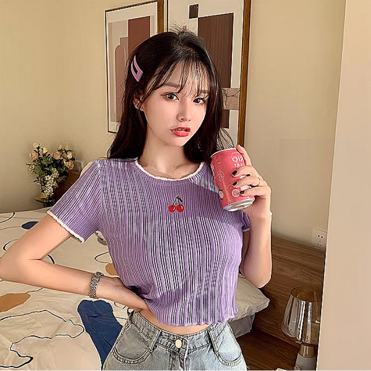 체리 자수 반크롭 티셔츠