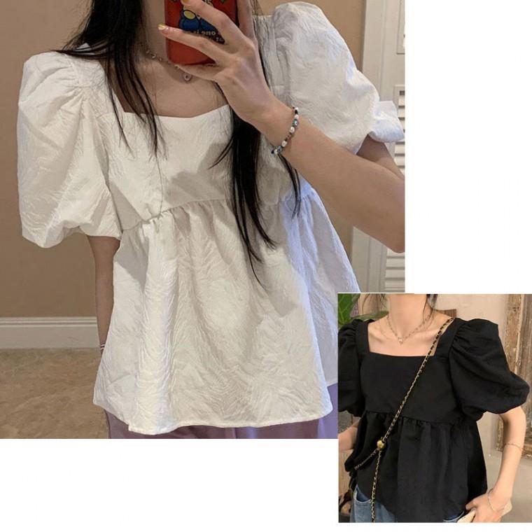 깔끔한 여자 입체 패턴 스퀘어 반팔 블라우스