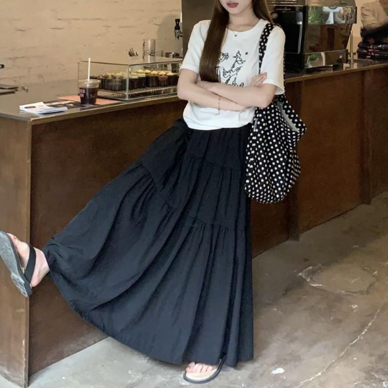 프릴 캉캉 허리밴딩 레이스 롱 스커트
