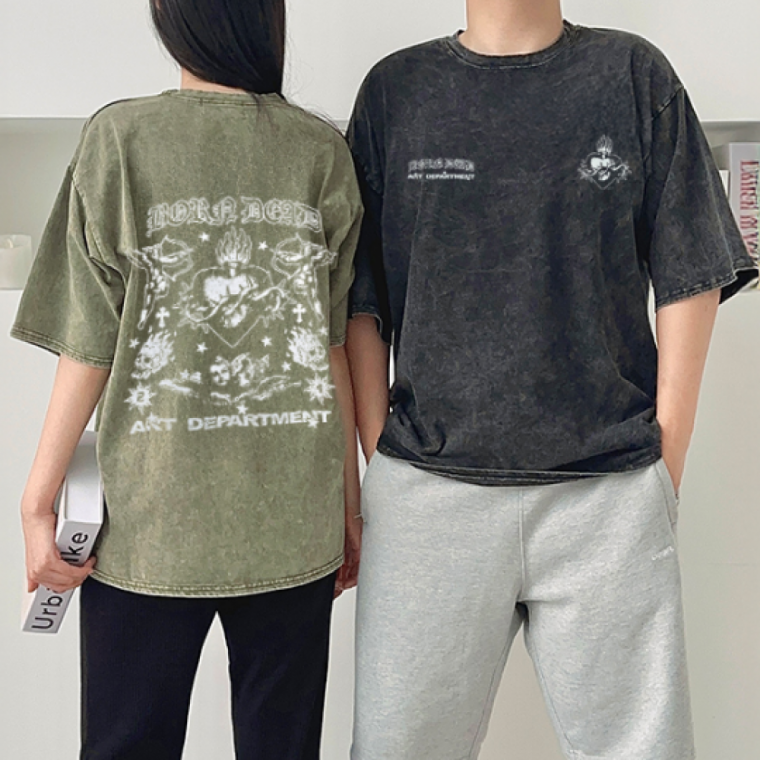 남녀공용 타락천사 피그먼트 프린팅 펄스 반팔티 캐주얼 티셔츠 루즈핏 패션 데일리 그래픽