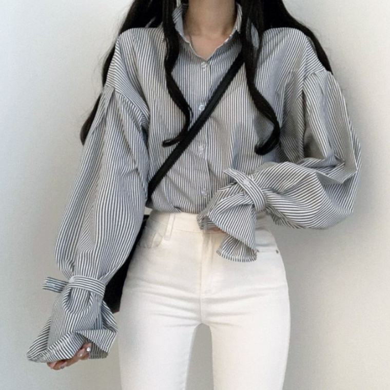 스트라이프 루즈핏 벌룬 셔츠 빅사이즈 여름 간절기 오버핏 데일리룩