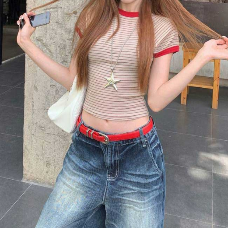 슬림핏 여성 크롭 반팔티 스트라이프 배색라인 여름 데일리 줄무늬 티셔츠