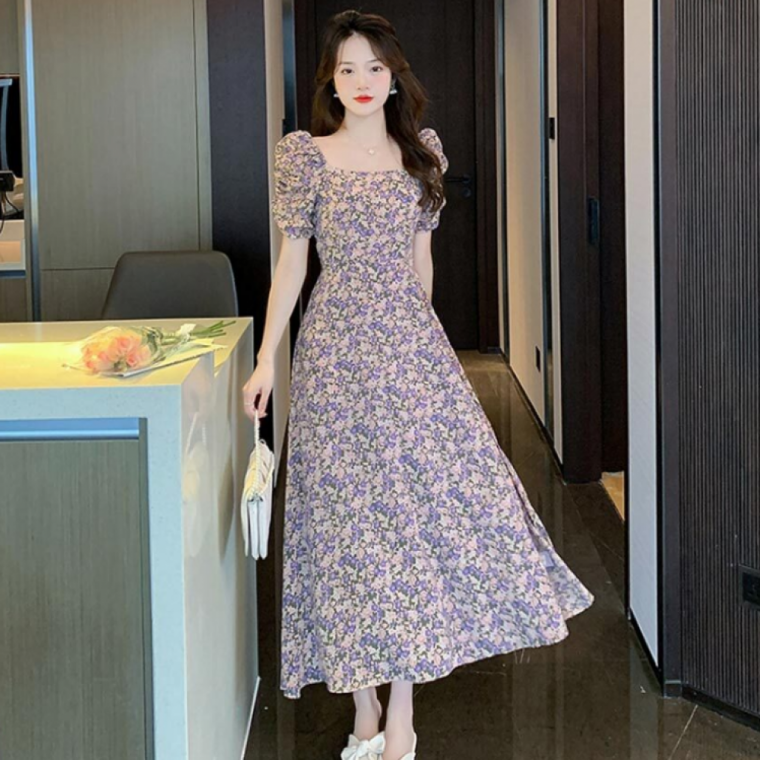 여성 플라워 롱 원피스 스퀘어넥 퍼프 소매 A라인 하객룩 데일리