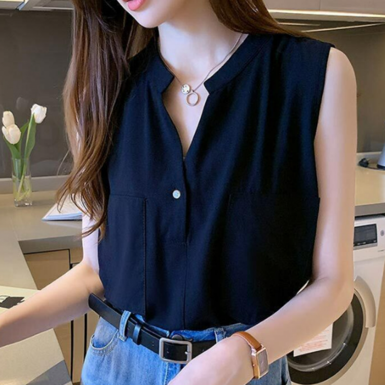 루즈핏 여성 V넥 민소매 셔츠 차이나 카라 오피스룩 데일리 상의