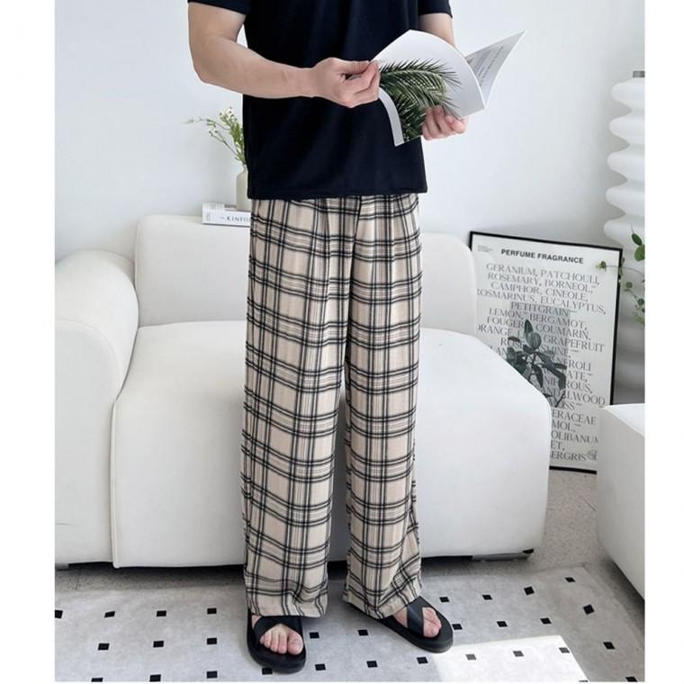 남자 와이드 팬츠 여름 체크 핀턱 와이드 밴딩 쿨소재 바지