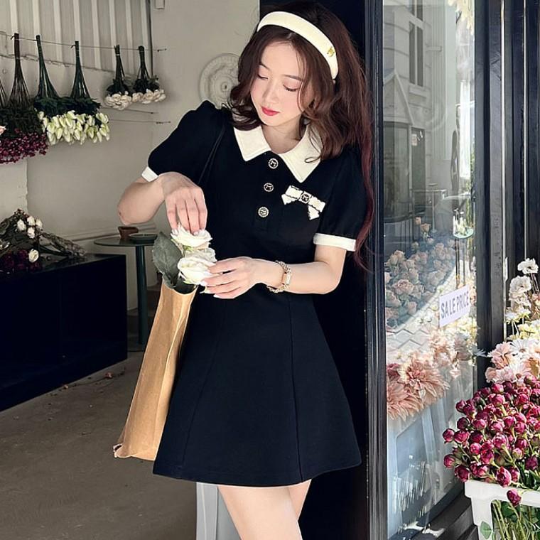 여성 블랙 반팔 미니 원피스 배색 카라 리본브로치