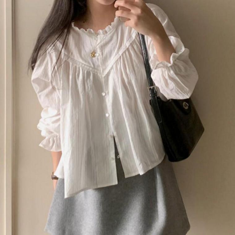 여성 러블리 데일리 셔츠 라운드 펀칭 레이스 블라우스