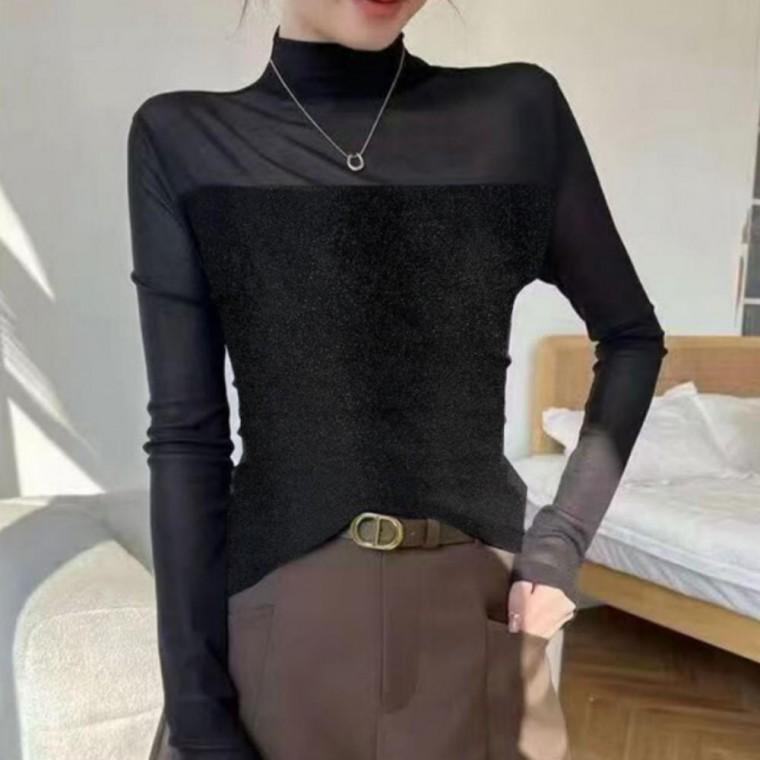 여성 데일리 고급 이너 긴팔 시스루 벨벳 반목 티셔츠