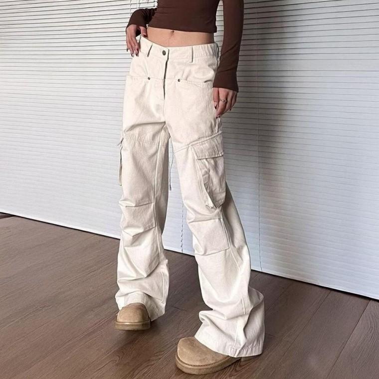 여성 빈티지 데일리 일자 포켓 카고 와이드 바지 팬츠