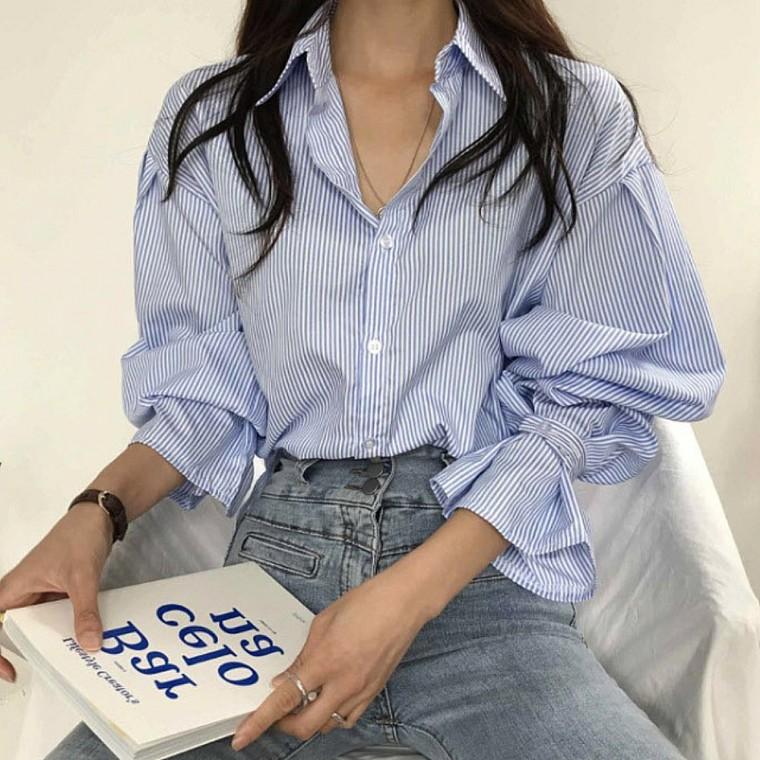 벌룬소매 루즈핏 여성 셔츠 스트라이프 데일리 남방