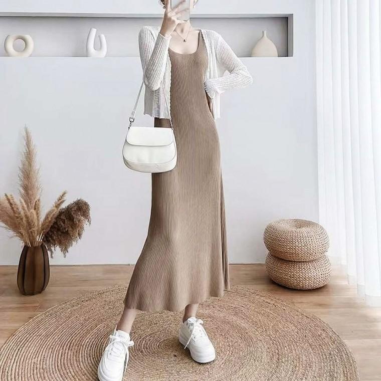 골지 롱원피스 2XL 카멜 심플 여신 무시 데일리