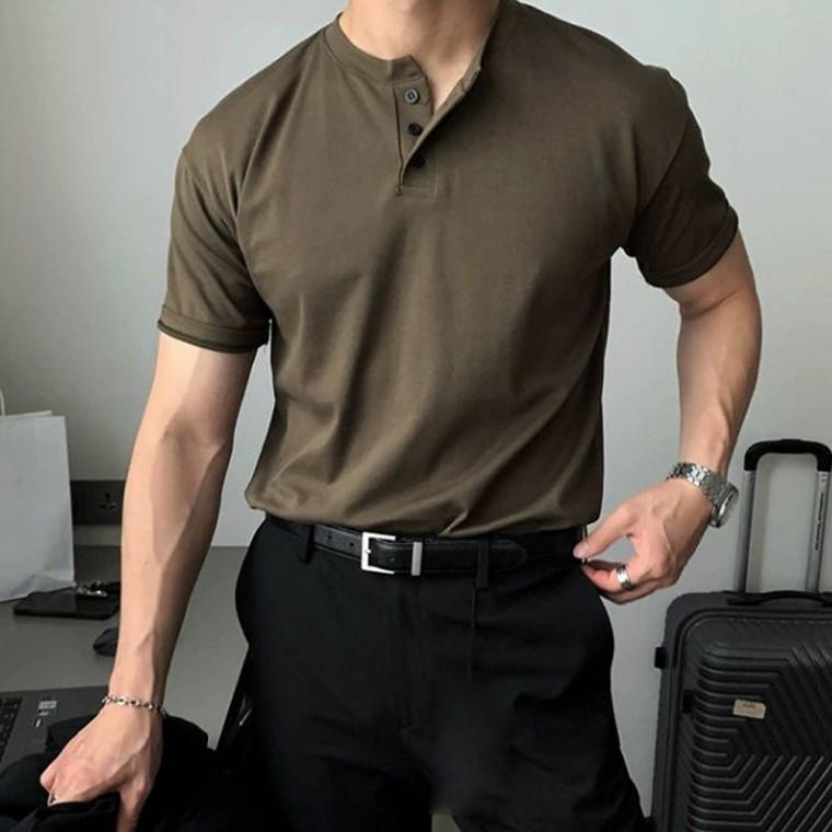 헬프그린 남자 노카라 헨리넥 반팔 티셔츠 머슬핏 남성 맨즈 반팔티
