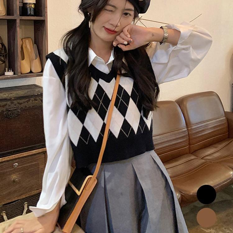 여성 크롭기장 여친룩 데일리 아가일 패턴 니트 조끼