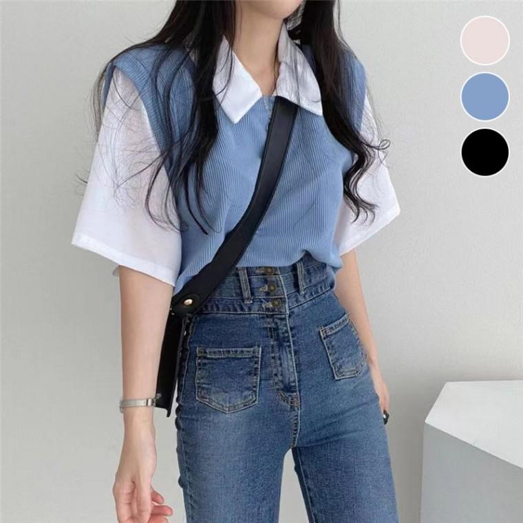 반팔 카라 골지베스트 레이어드 페이크 여름 티셔츠
