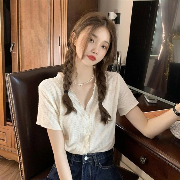 여성스러운 반팔가디건 여름 브이넥에리스 크롭기장