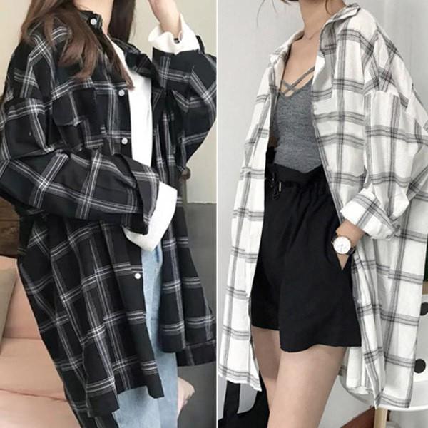 여성 봄 가을 오버핏 베이직 롱남방 힙덮는 체크셔츠