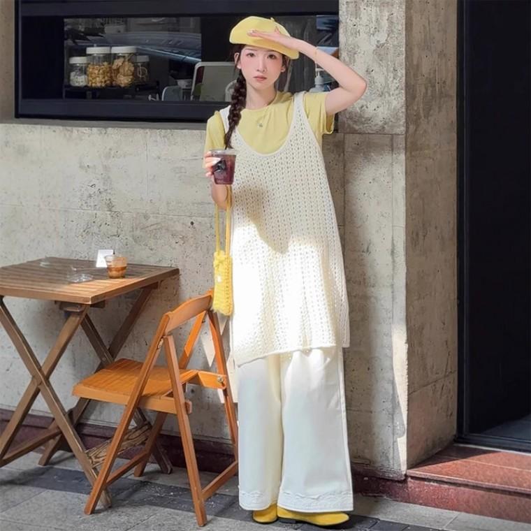여성 여자 롱조끼 옆트임 그물 펀칭 귀여운 피크닉룩