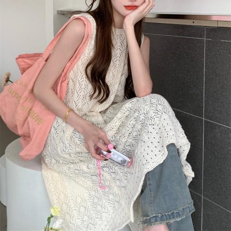 레이어드 롱조끼 긴조끼 니트 그물 뒷트임 시스루짜임