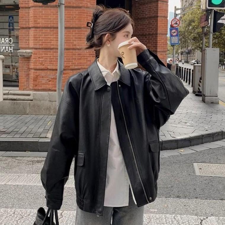 여자 여성 카라 집업 오버핏 자켓 레더 봄버자켓 여성레더자켓 집업레더자켓
