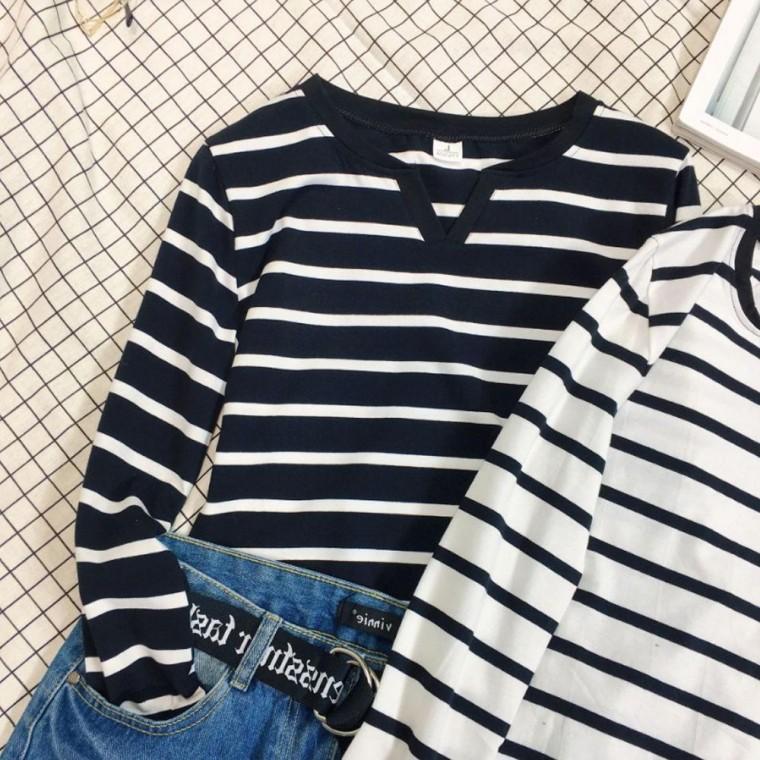 스트라이프 티셔츠 긴팔 여성 티셔츠 데일리 여자 앞트임 여자 단가라티