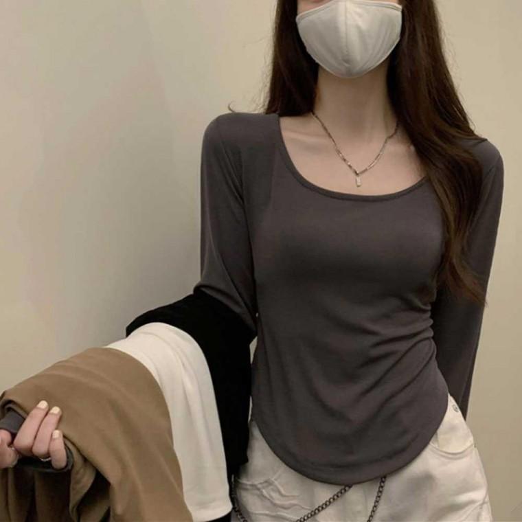 스쿱넥 레이어드 긴팔티 심플티셔츠 무지 데일리 슬림 무지티셔츠 면티 여자