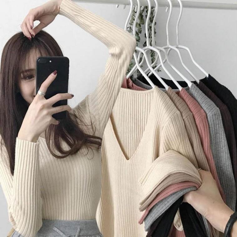 골지 브이넥 여자 여성 긴팔 소프트 가을 니트 슬림핏 봄 가을니트티