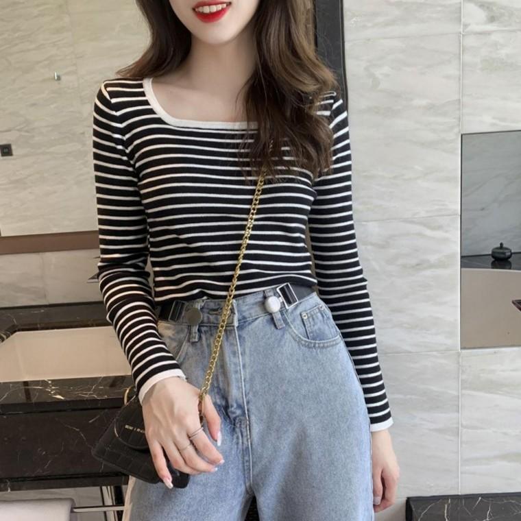 6컬러 여자 긴팔티셔츠 슬림핏 스퀘어넥 스트라이프 여성 슬림티셔츠