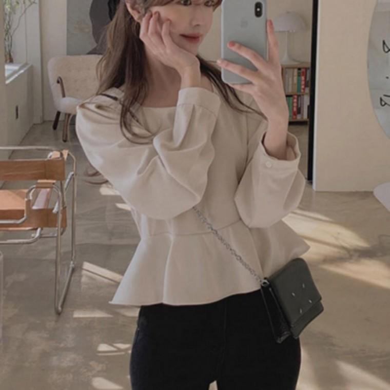 레이스 셔링 포인트 스퀘어넥 여자 긴팔 블라우스 셔츠