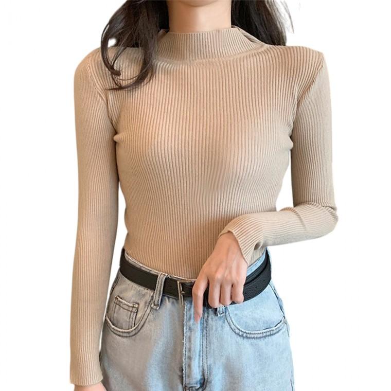 여성 반목 폴라티 골지 긴팔 티셔츠 반폴라 슬림핏 CLBG1091