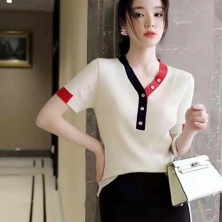 퓨어 배색 단추 니트 여자 예쁜 브이넥 반팔 셔츠 루즈 슬림핏 여성 니트옷 비비드