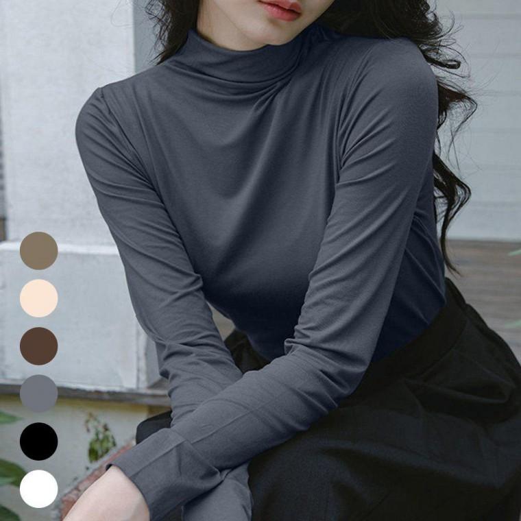 여성 깔끔한 무지 디자인 하프넥 따뜻한 반목 티셔츠 맨투맨 레이스 나시 형광 여성봄