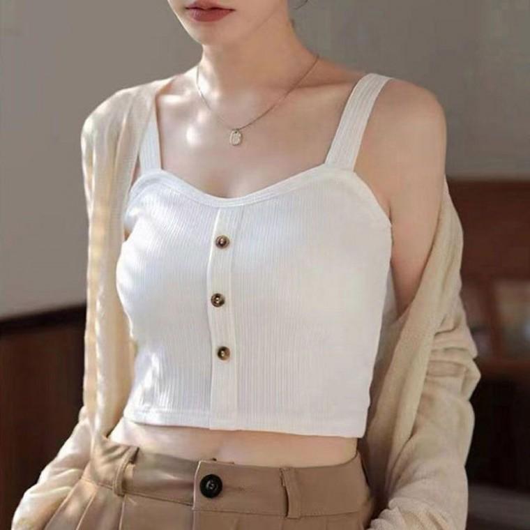 여성 캡 일체형 버튼 포인트 골지 편안한 크롭 나시 스포츠 브라 요가복 여자 민소매