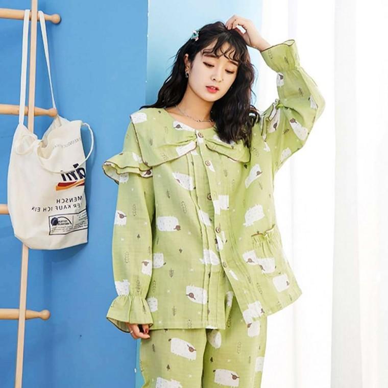 잠옷 세트 L 그린 투피스 면 긴팔 상하의