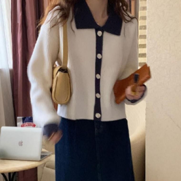여성 가을 캐시 배색 니트 카라 가디건 아우터 잠바