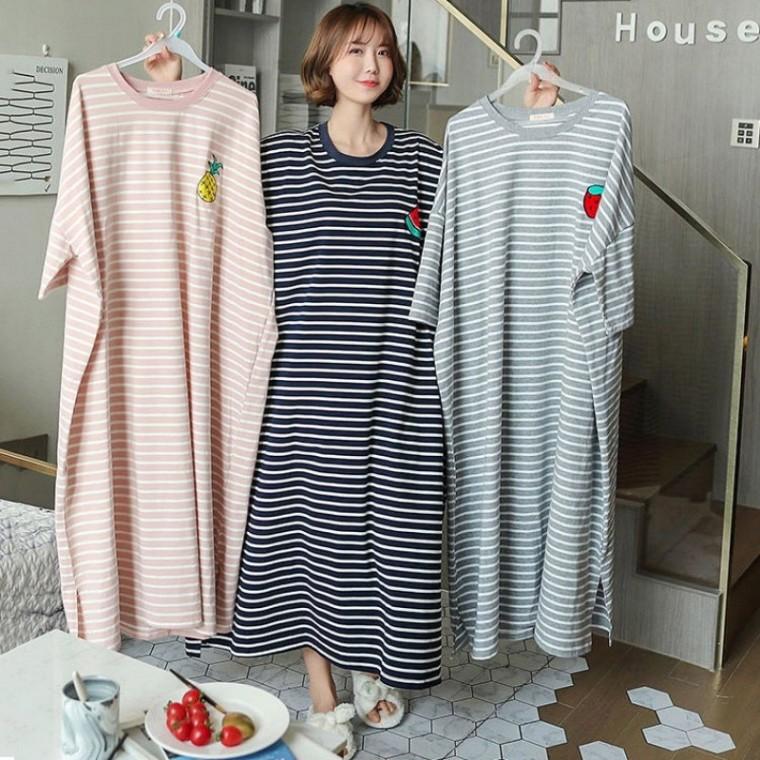 루즈핏 단가라 홈웨어 롱 원피스 ELC-9044