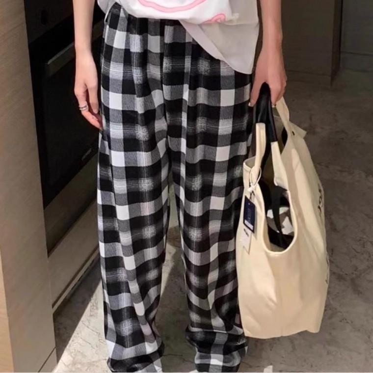 방한 와이드핏 일자 팬츠 체크무늬 겨울 가을 기모 바지 겨울 고무줄 남성