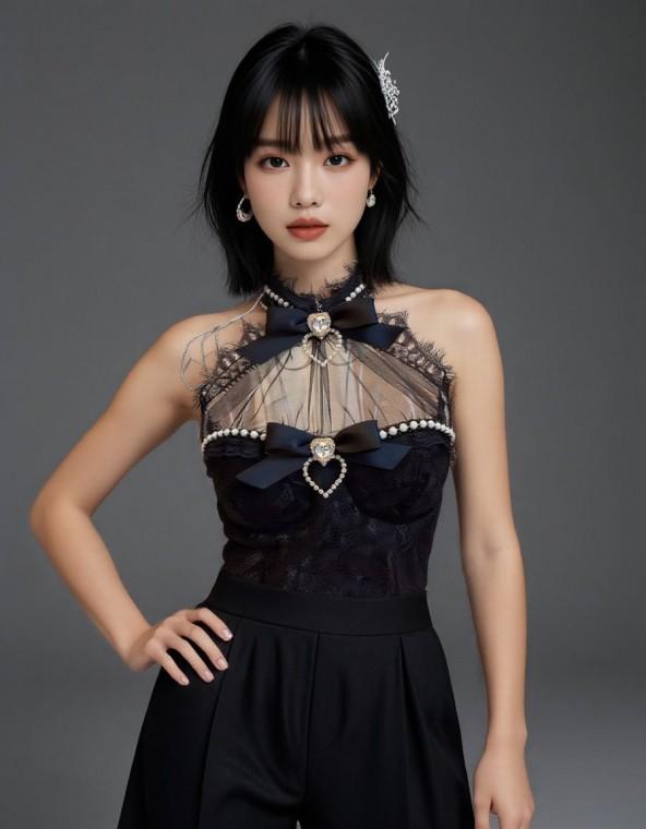 엘레이디 리본 큐빅 보석 홀터 넥 검정 화이트 레이스 고스룩 크롭 이벤트 치어리더 미니 블라우스 셔츠