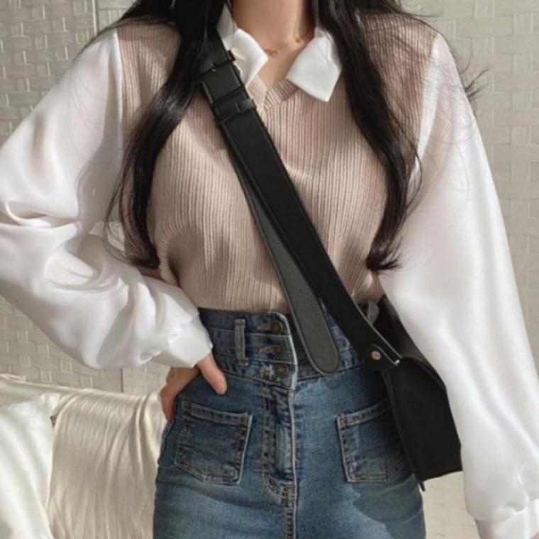 여성 하객룩 러블리 페이크카라 배색 니트 셔츠 블라우스