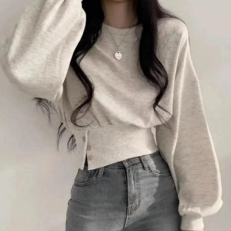 여성 간절기 단추 버튼 허리핏 크롭 긴팔 맨투맨 티셔츠